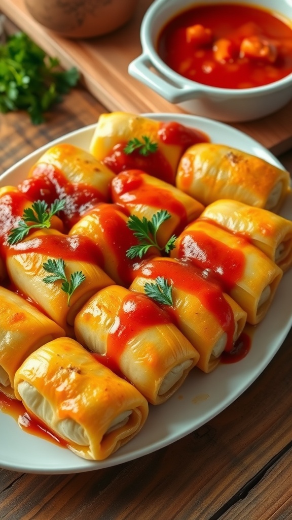 Delicious 5-Star Cabbage Rolls Recipe A delicious serving of cabbage rolls topped with tomato sauce and garnished with parsley on a rustic table.